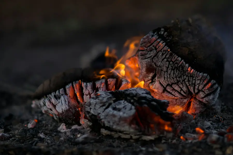 Leña ardiendo con las brasas rompiéndose en grietas blancas